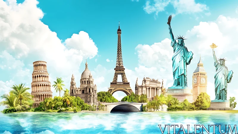 World landmarks arranged on tropical waterfront under blue sky