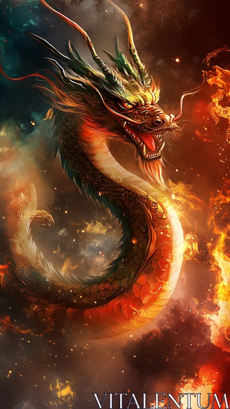 Serpentine dragon in vertical fire and smoke composition.