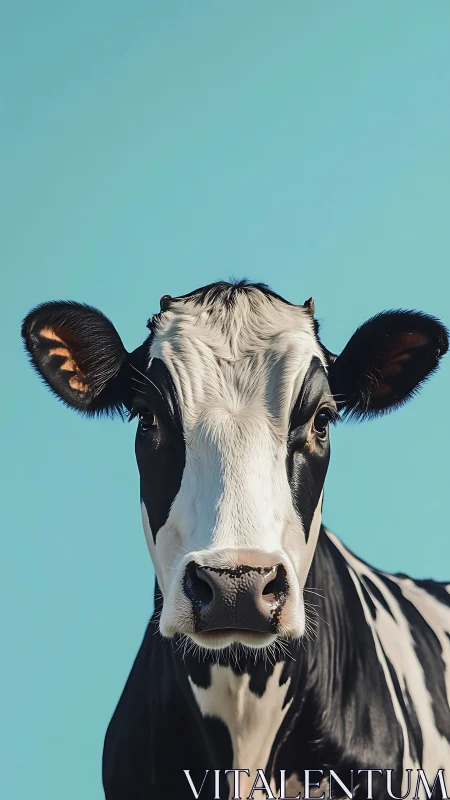 Curious black and white cow gazes calmly at clear sky
