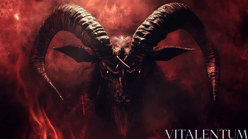 Demonic goat head with massive horns emerges from red smoke