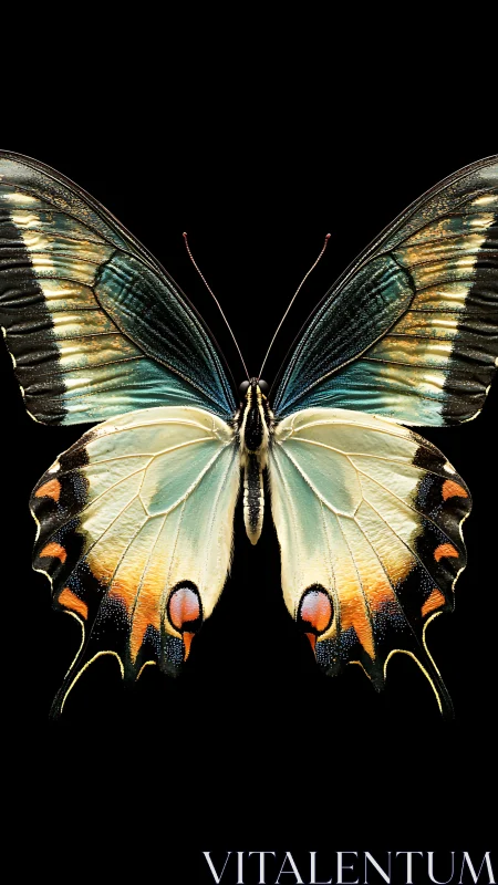 Iridescent swallowtail butterfly fills stark black background