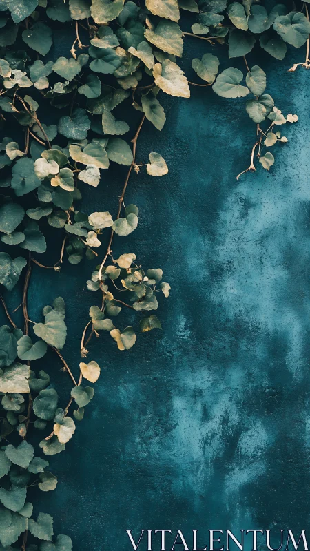 Climbing ivy traces organic curves over textured teal plaster