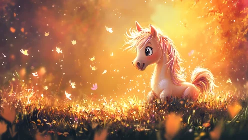 Luminous autumn pony under volumetric golden foliage glow.