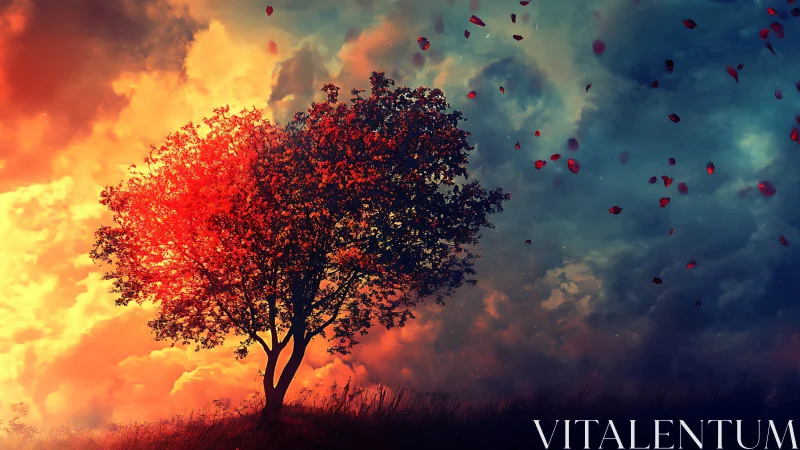 Vibrant autumn tree at sunset in surreal digital art landscape.