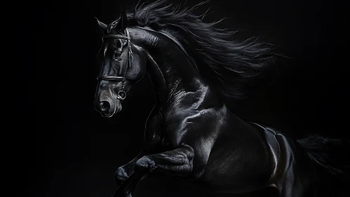 Powerful black stallion rears in dramatic studio lighting.