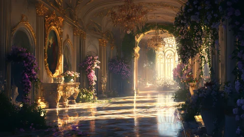 Sunlit palace corridor glows with gilded florals and quiet magic