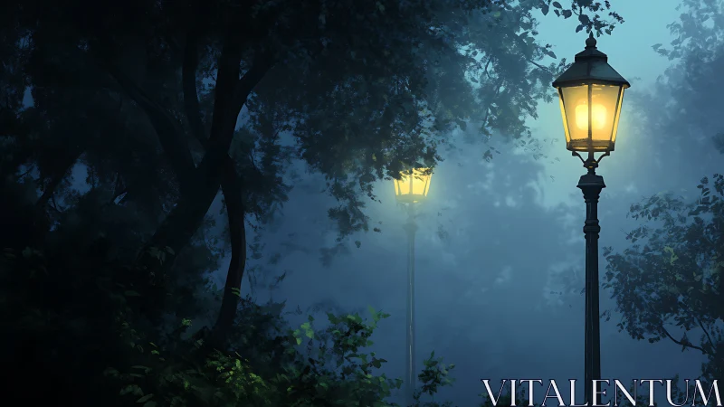 Two lit street lamps stand in dense, mist-covered woodland
