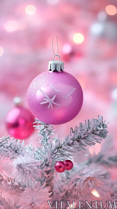 Pink Christmas bauble on frosted white tree branch.