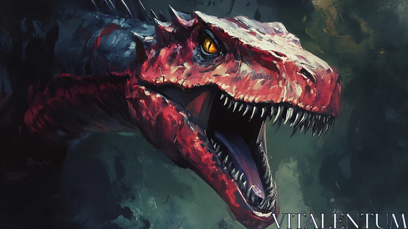 Scarlet raptor erupts from shadow with molten-gold eyes.