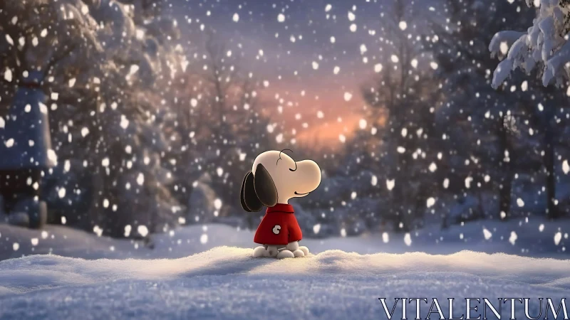 Cartoon dog in red coat gazes at tranquil winter snowfall.