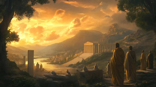 Sunlit Hellenistic acropolis with philosophers in golden robes