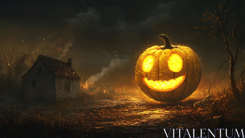 Gigantic glowing jack-o’-lantern illuminates desolate rural shack at night