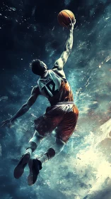 Basketball player extends upward toward hoop in stylized scene