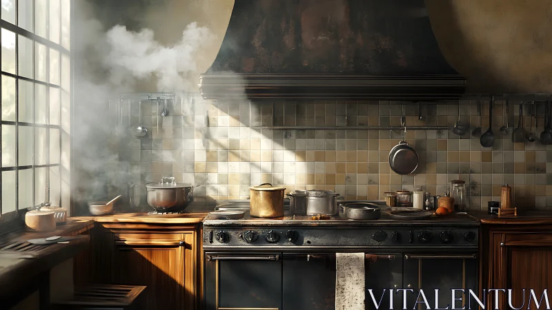 Sunlit rustic kitchen filled with simmering, cozy flavors.