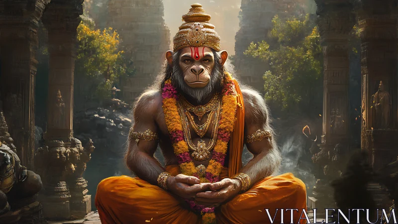 Monkey sage breathes golden stillness in ruined temple light