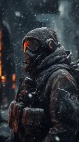 Snowborne sentinel walks through embers of a frozen war