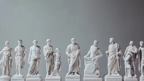 Marble statues aligned against gradient backdrop reveal neoclassical drapery study