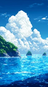 Endless blue ocean beneath towering summer clouds.