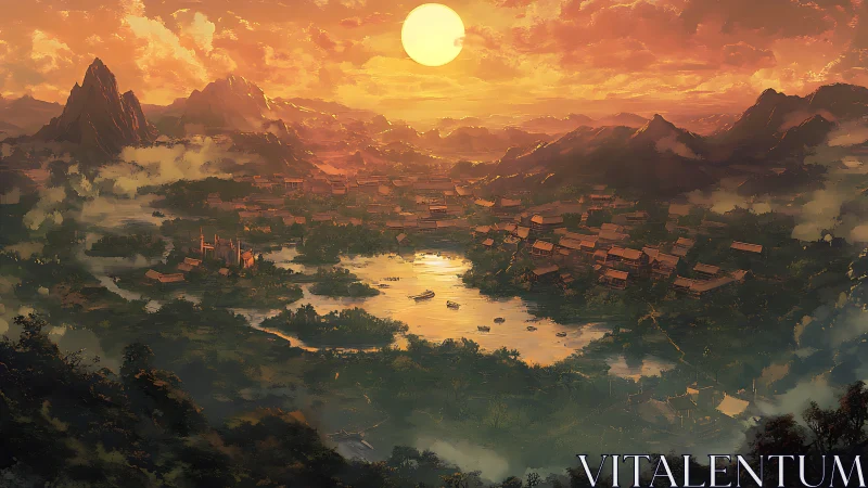Sunlit valley city glows beneath radiant golden sunset sky