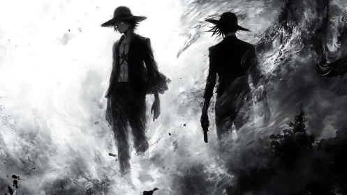 Twin gunmen stride through stormy monochrome chaos