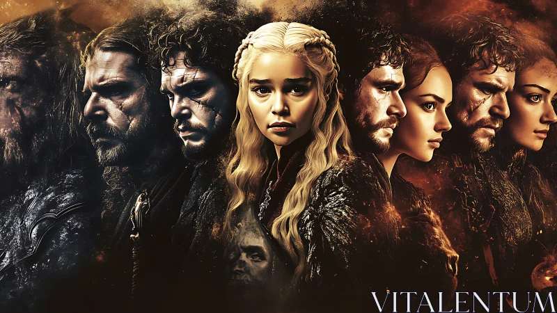 Fantasy ensemble portrait with central blonde female leader.