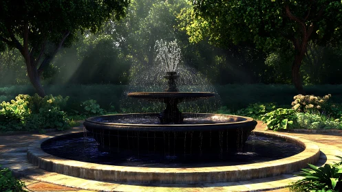 Sunlit tiered garden fountain in a lush green courtyard.
