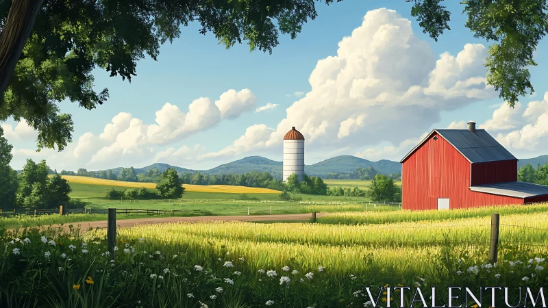 Sunlit rural farmstead with red barn, silo and distant hills
