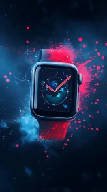 Smartwatch with neon splashes on dark abstract background.