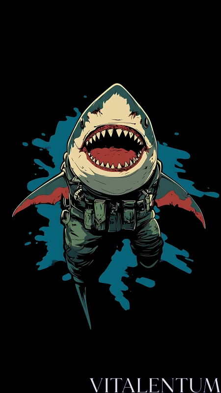 Militarized humanoid shark charges forward against black field