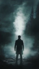 Lone wanderer pauses before a swirling midnight portal.