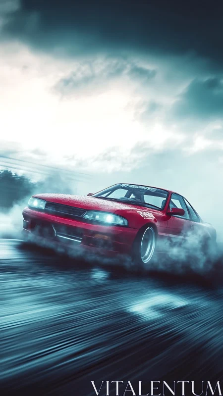 Red sports car drifting on wet track under overcast sky.