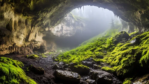 Mossy karst cave mouth with foggy forest light diffusion study