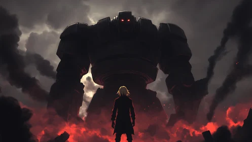 Silhouetted figure facing towering armored mech in smoke