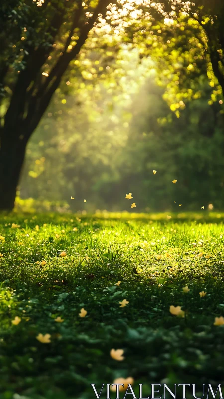 Sunlit woodland clearing with drifting yellow petals.
