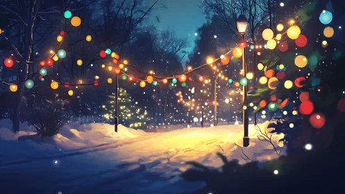 Snow-covered park path under multicolored winter lights.