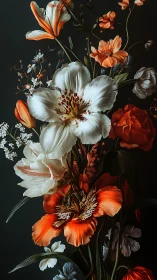 Baroque Floral Arrangement with Orange, Red, and White Blossoms.