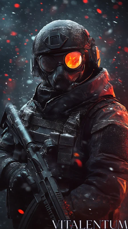 Armored winter soldier stands amid embers and swirling snow