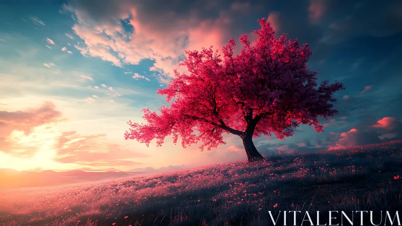 Luminous pink dreamtree basking in a twilight meadow glow.