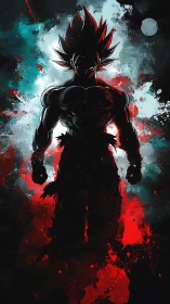 Brooding anime warrior framed by bold cosmic colors.