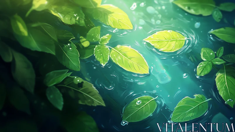 Green leaves float on illuminated turquoise water surface