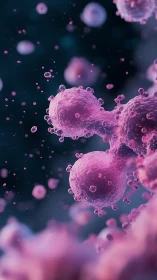 Microscopic pink cells drift gently in a soft cosmic glow