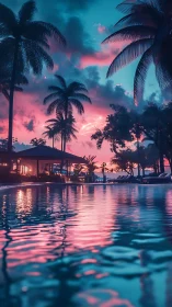Neon-lit resort infinity pool at tropical sunset with palms
