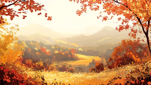 Golden autumn valley glowing beneath soft distant hills.
