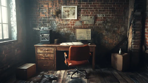 Aged brick office corner shows worn desk, rotary chair and typewriter