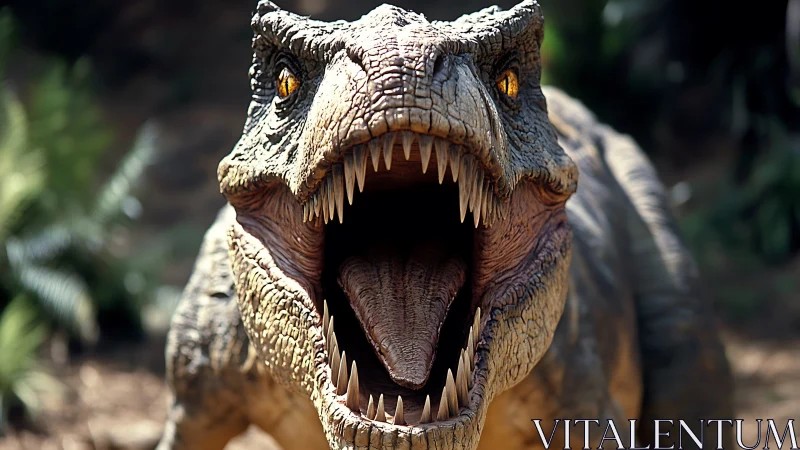 Roaring dinosaur lunges forward in a sunlit jungle setting