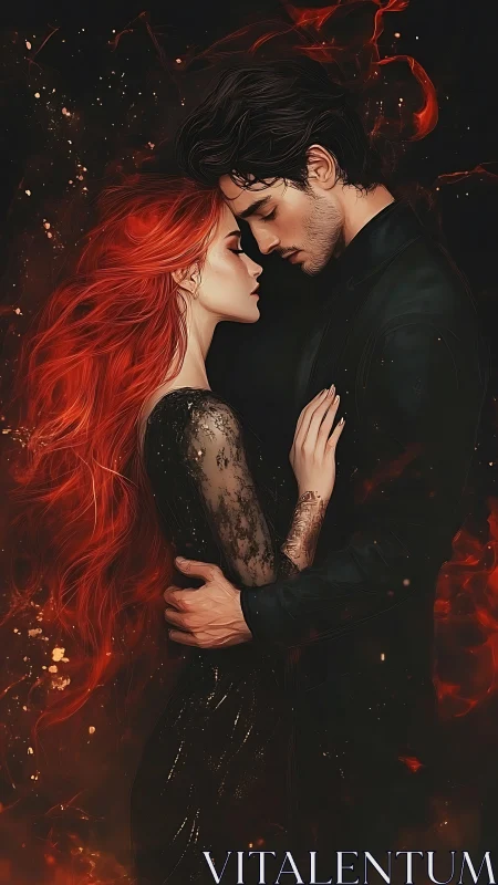 Luminous Intimacy: Red-Haired Woman and Dark-Clad Man in Fiery Particle Setting
