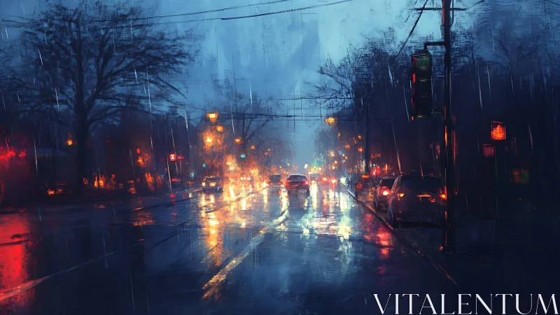 Rainy city street shows headlight reflections on wet asphalt