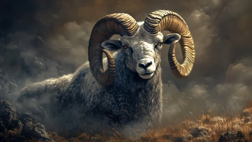 Majestic bighorn ram emerging through stormlit alpine mist
