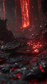 Volcanic lava corridor rendered with cinematic depth of field