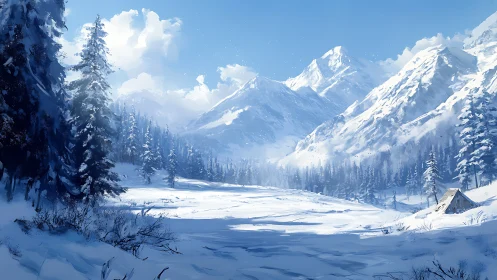 Winter mountain valley with snowbound forest and cabin.